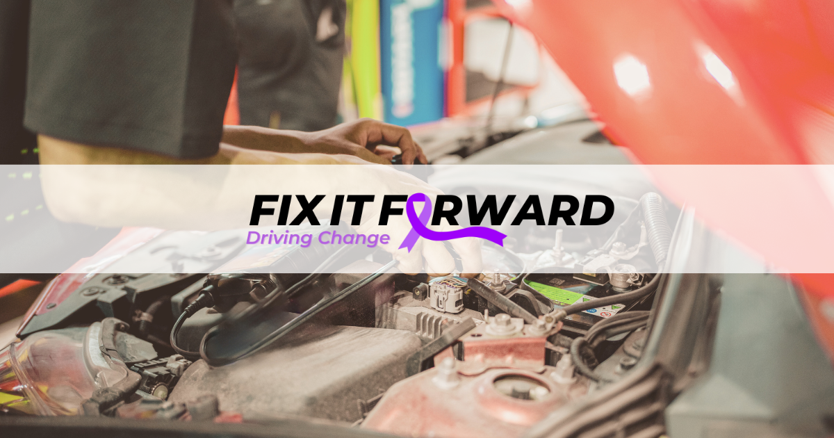 Loo of Fix It Forward on the image of a man repairing a car